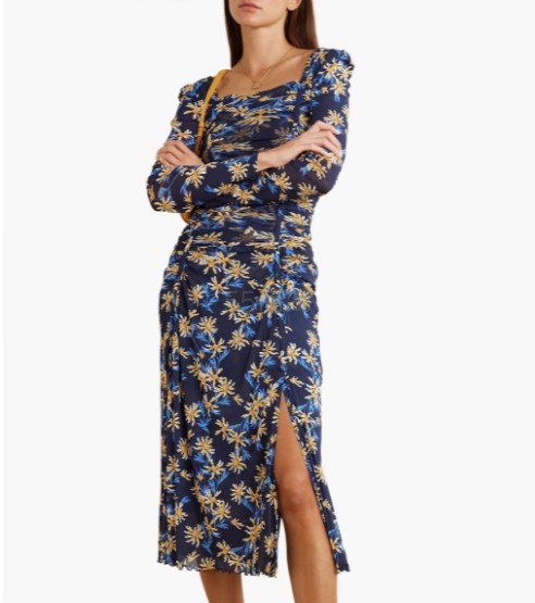 DVF Amelie 褶饰花卉印花弹力网布中长连衣裙