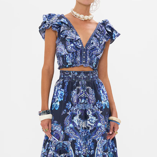 Camilla 深V褶边短袖上衣 #Delft dynasty