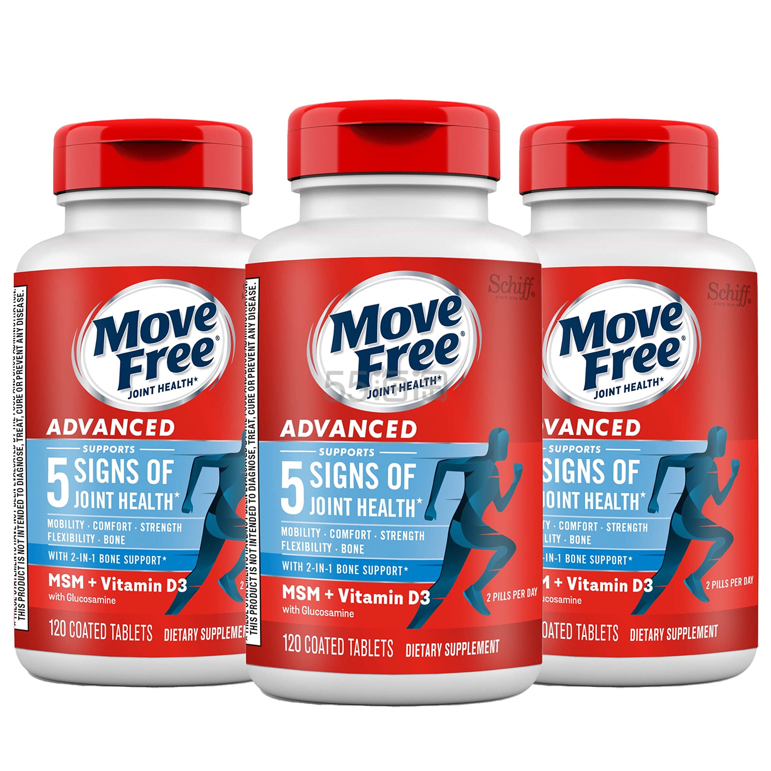 【含税直邮】Schiff Movefree 旭福 添加MSM维生素D3 蓝盒加强版 120粒*3瓶装