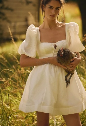 BHLDN 泡泡袖方领提花迷你连衣裙