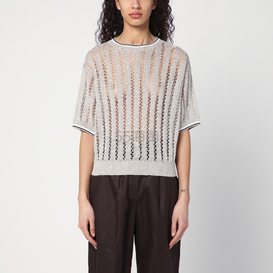 Brunello Cucinelli 米色穿孔亚麻毛衣