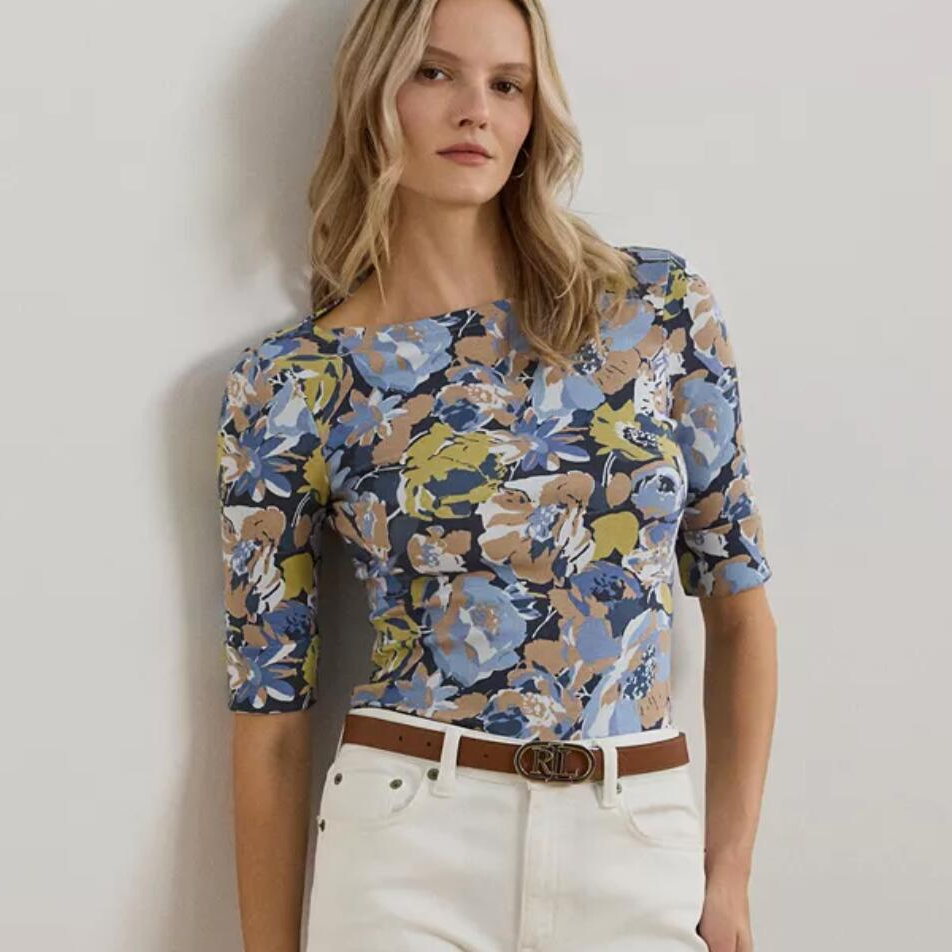 Lauren Ralph Lauren 女士碎花弹力棉船领T恤