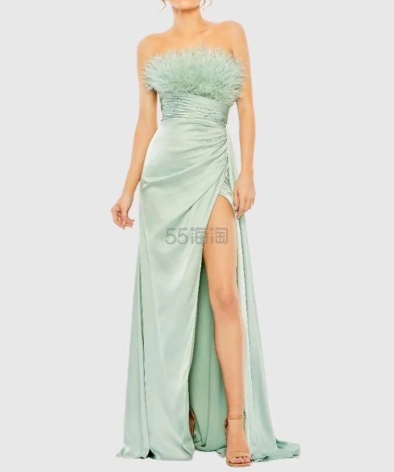Mac Duggal 绿色露肩羽毛缎面礼服