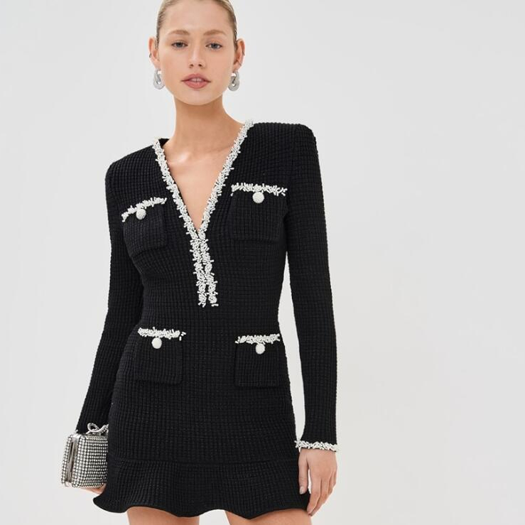 Self Portrait 黑色珍珠饰针织迷你连衣裙