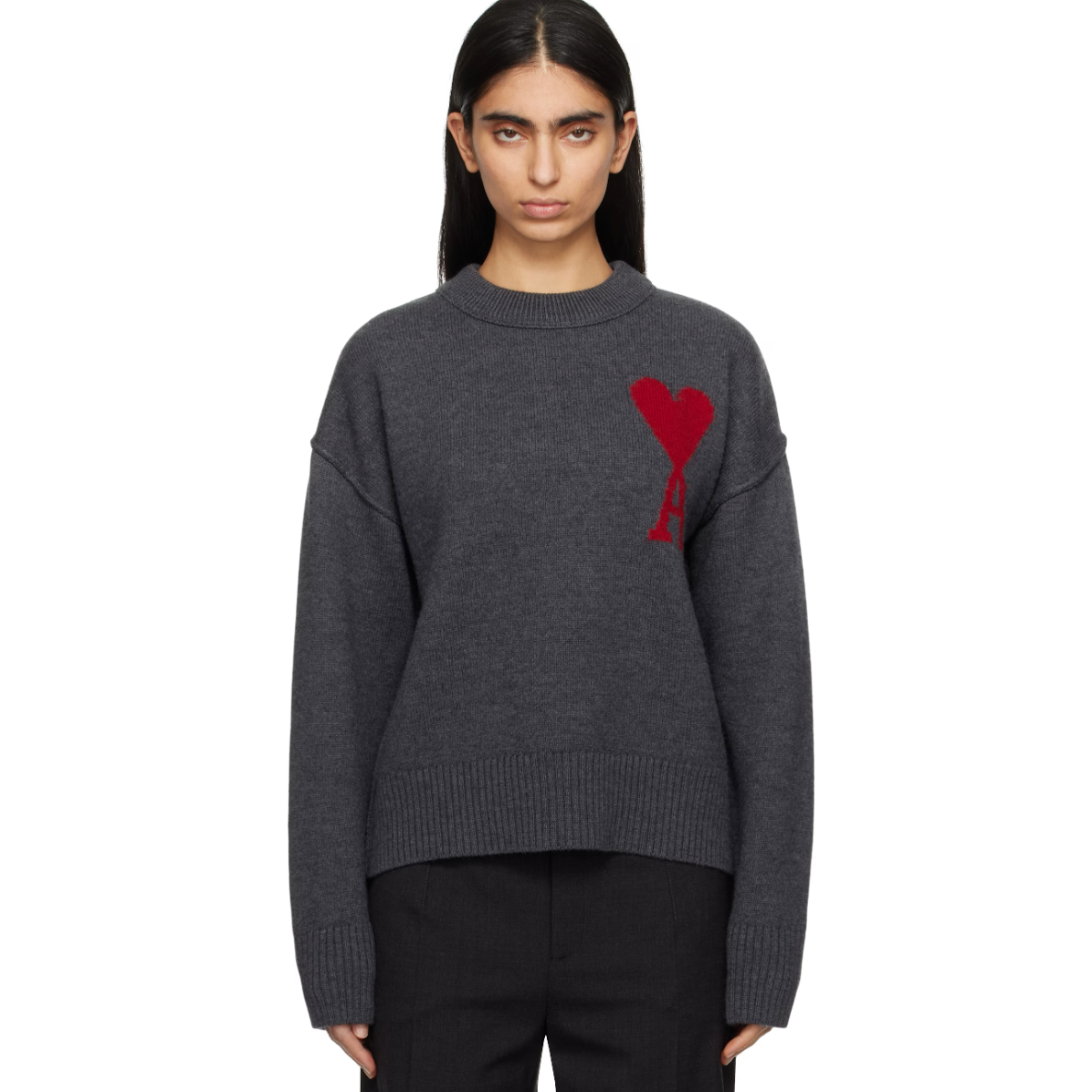 AMI 灰色红爱心圆领毛衣