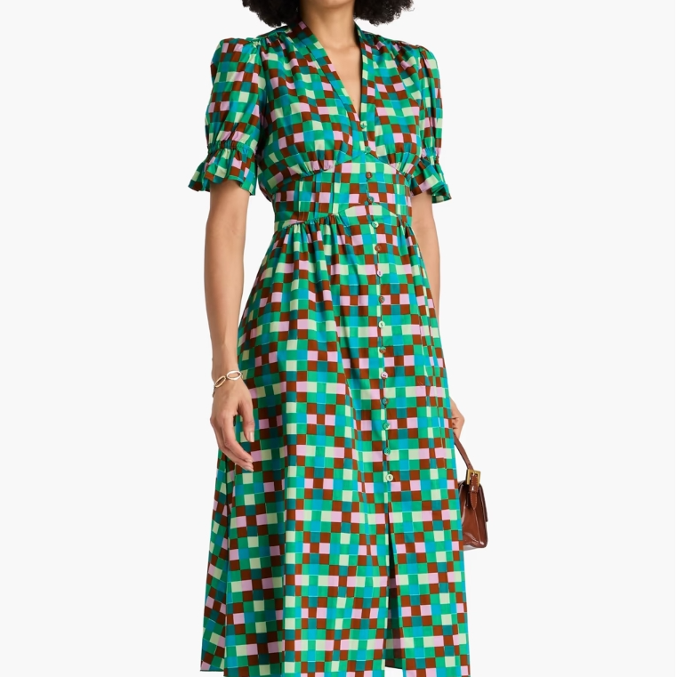 DVF Erica 车缝褶棉质混纺府绸中长连衣裙