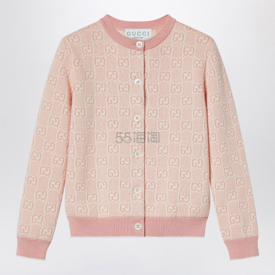 大童款！GUCCI 古驰粉红色/白色提花羊毛衫