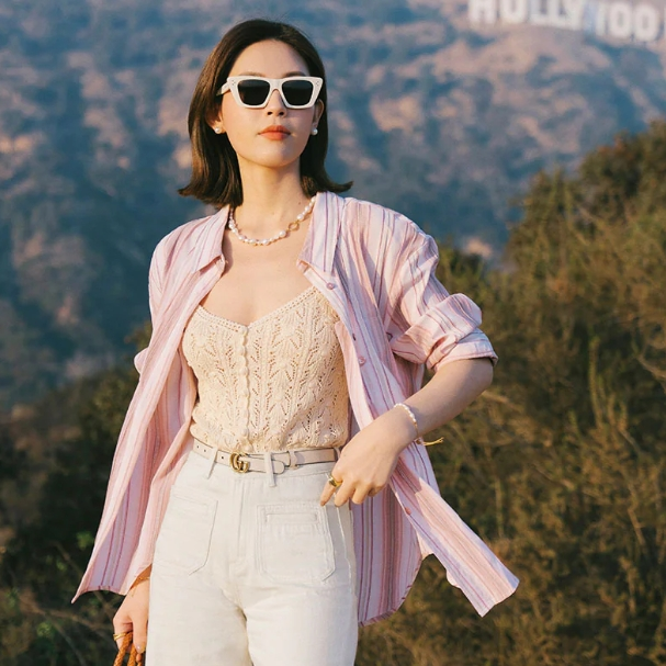 周也同款！PETITE STUDIO Meg 粉色条纹衬衫