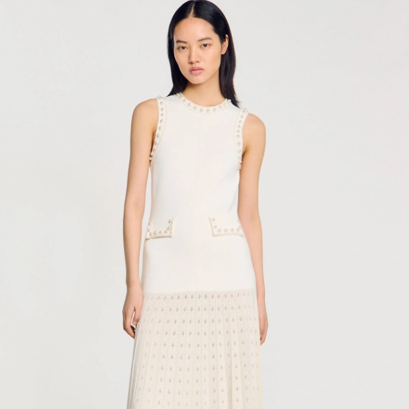 叶舒华同款 Sandro 珍珠装饰针织长款连衣裙