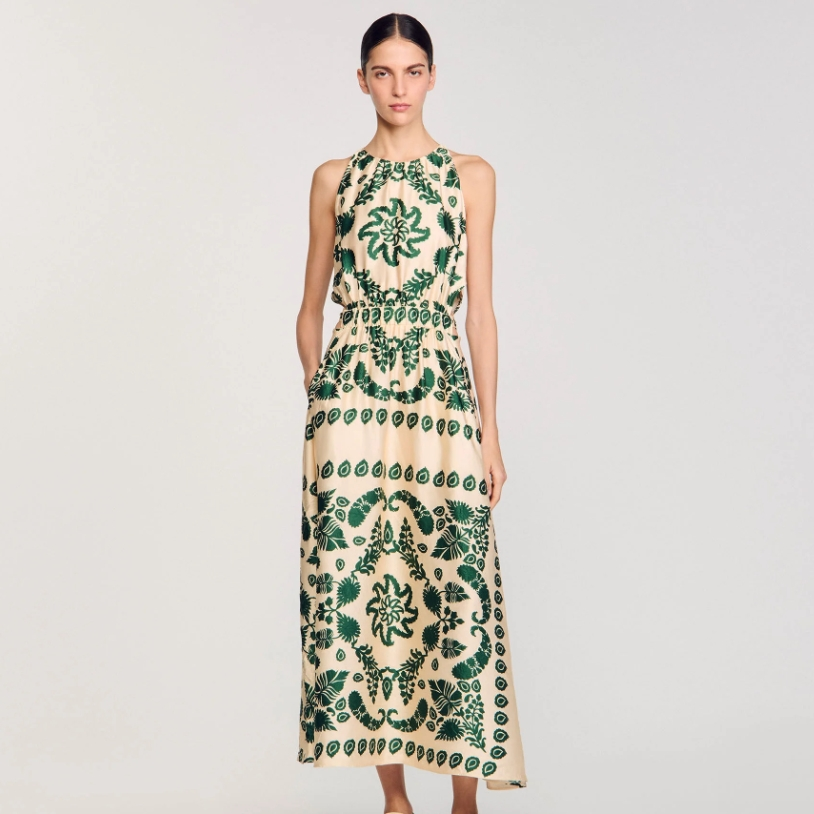 程潇同款 Sandro 植物印花收腰长款连衣裙