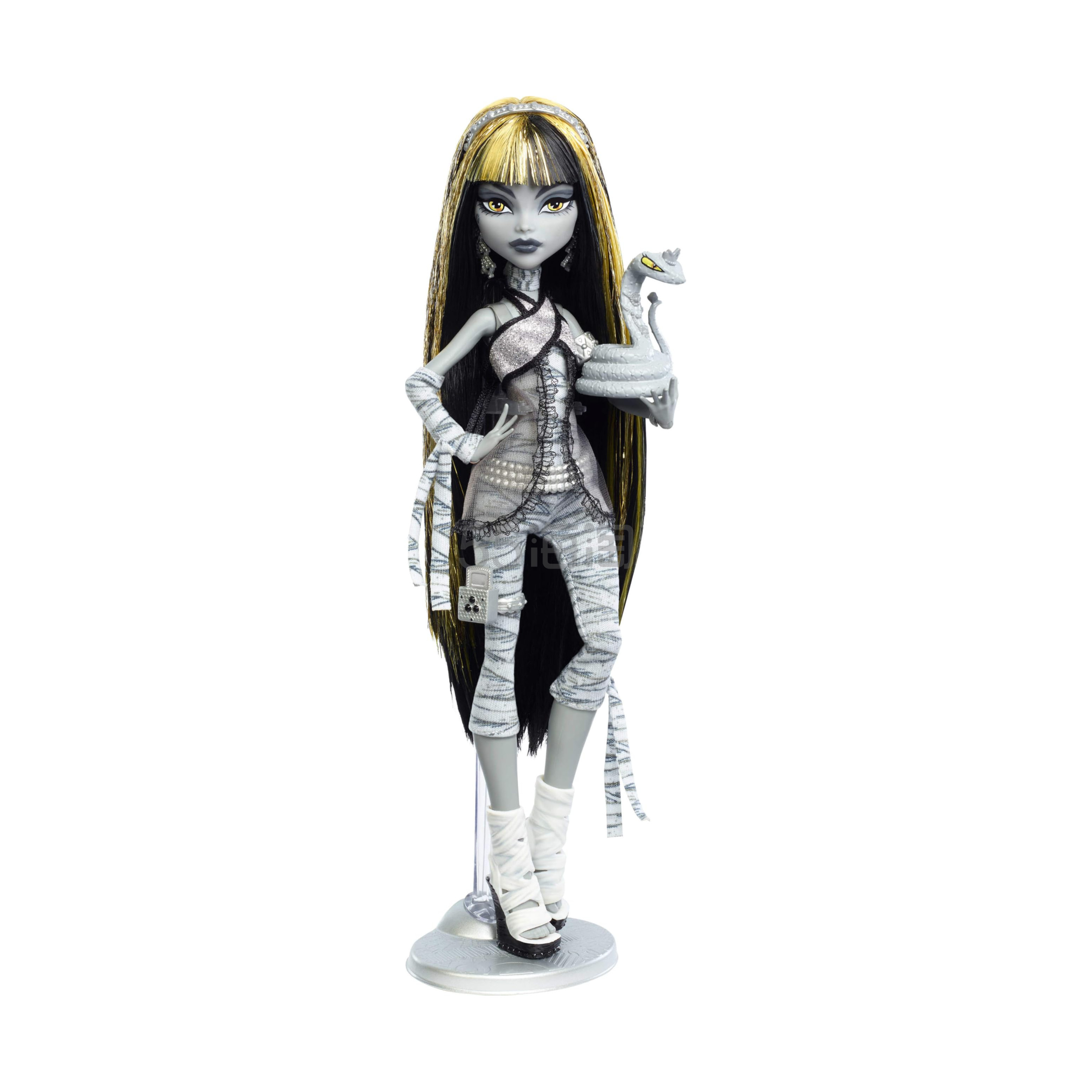 Monster High Reel Drama Doll Cleo De Nile 黑白复制收藏玩偶,玩偶大小和生活大小海报恐怖电影设计，带宠物 JDR65