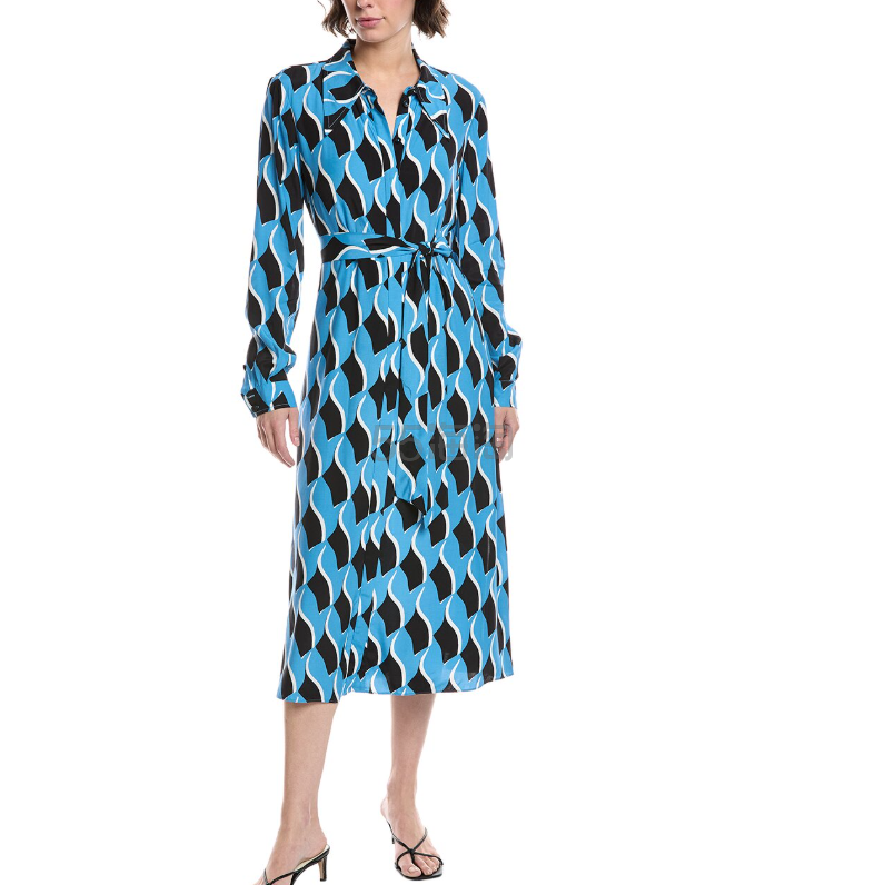 DVF Gizelle 海浪蓝飞鸟编织几何印花衬衫裙