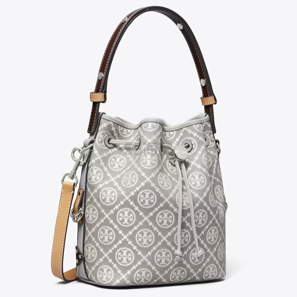 上新！Tory Burch 汤丽柏琦 T MONOGRAM 珍珠灰老花水桶包