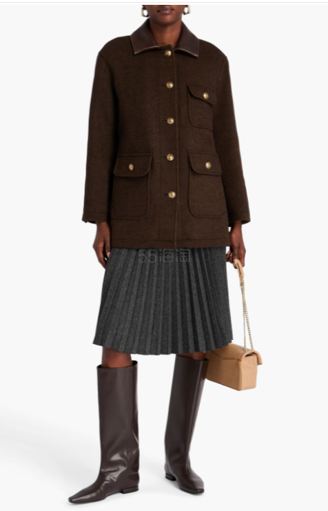 SANDRO 皮革镶边羊毛混纺斜纹大衣