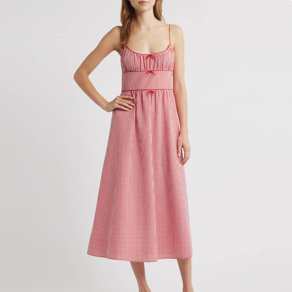 Doen 法式红格吊带裙