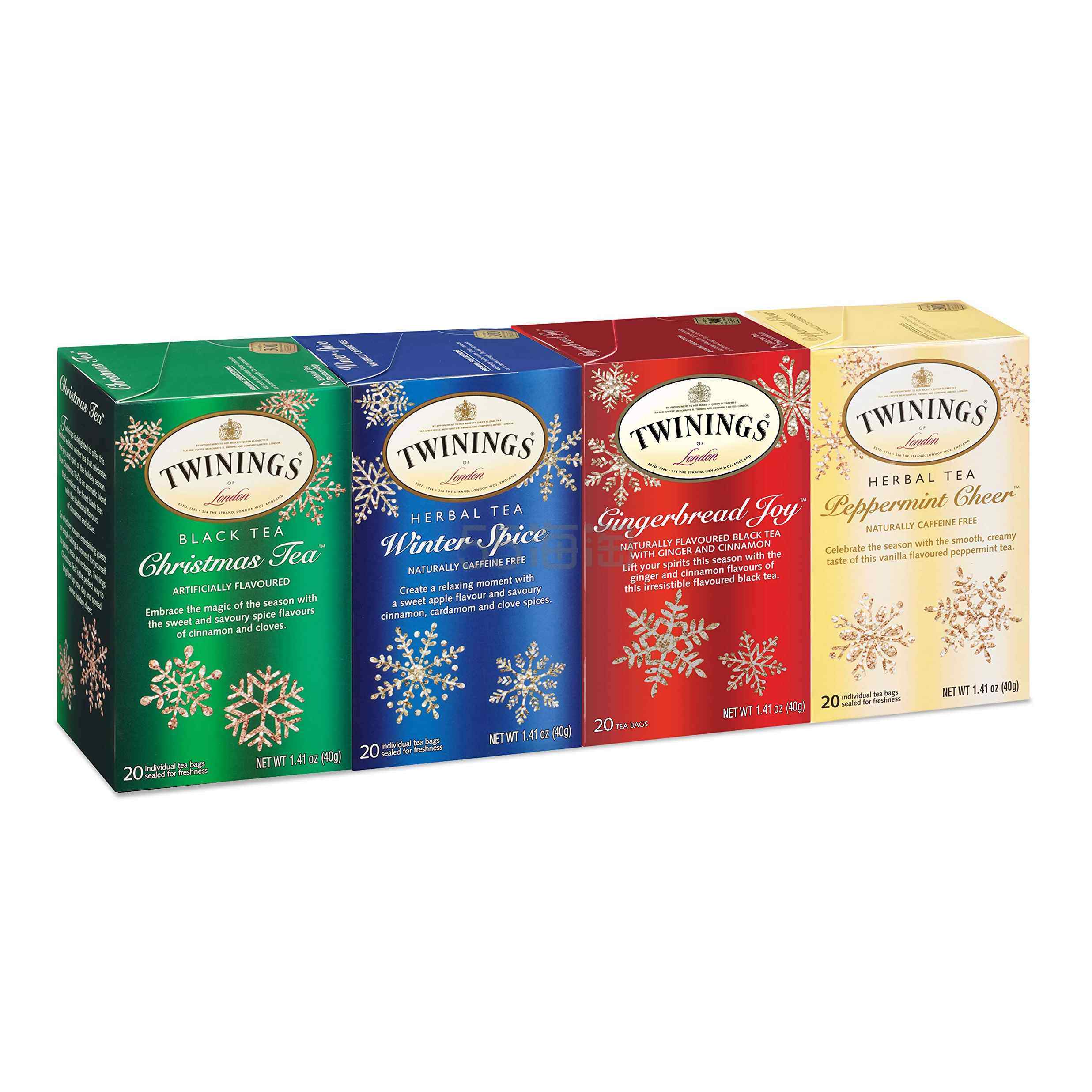 【含税直邮】Twinings 川宁 红茶茶包 节日综合装 圣诞姜饼冬日香料薄荷 无咖啡因 80袋4盒装