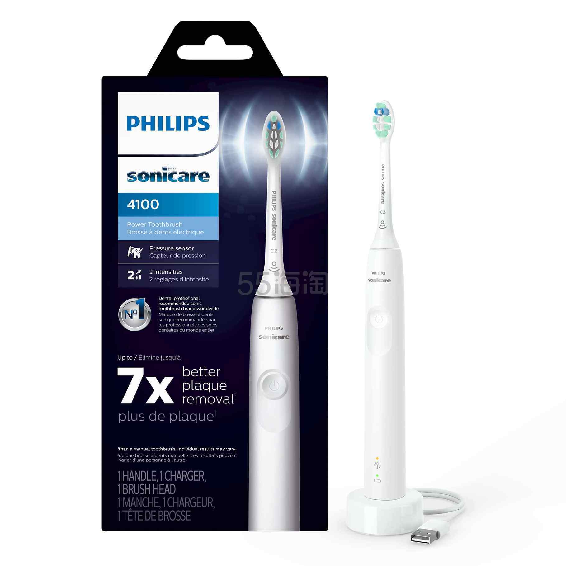 【含税直邮】Philips 飞利浦 4100 成人电动牙刷 智能压力感应 14天续航 去牙菌斑 生日礼物 送男生/女友 HX3681/23