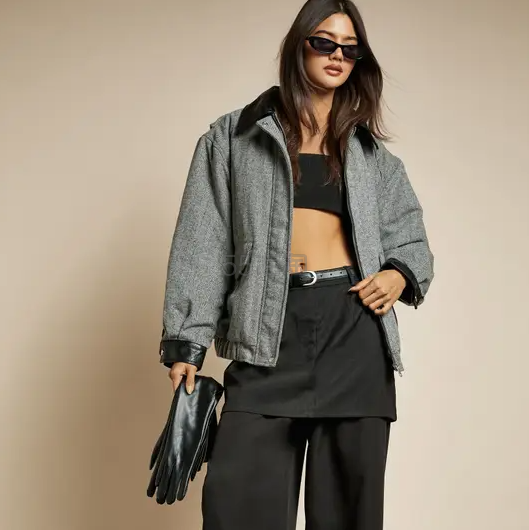 boohoo 人字纹羊毛质感飞行员夹克