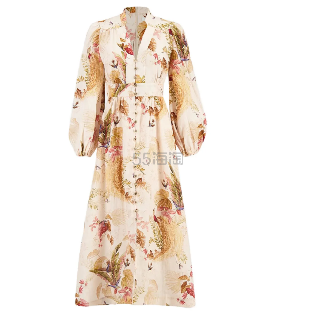 Zimmermann 亚麻V领印花中长裙