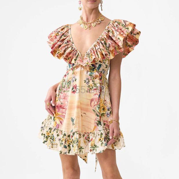 Camilla 短款荷叶边领口连衣裙