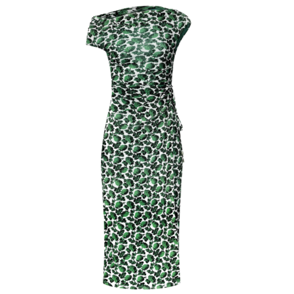 热卖！DVF Wittrock 绿色莓果印花斜肩长裙
