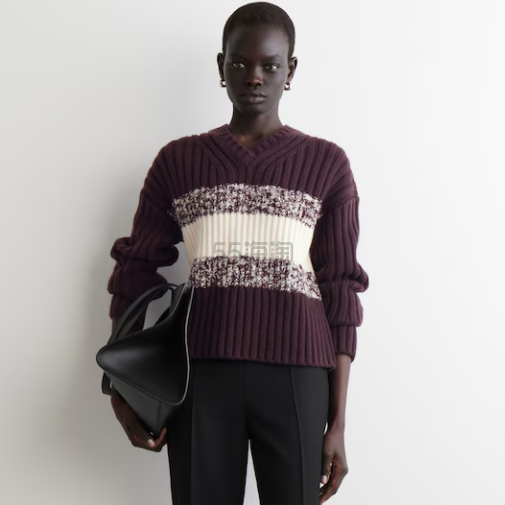 COS 纹理美利奴羊毛V领毛衣