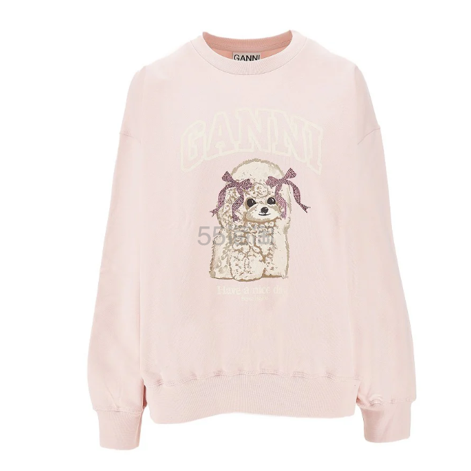 Ganni 粉色小狗圆领卫衣