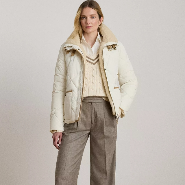 XXL码有货！Lauren Ralph Lauren 拉夫劳伦白色菱格棉服