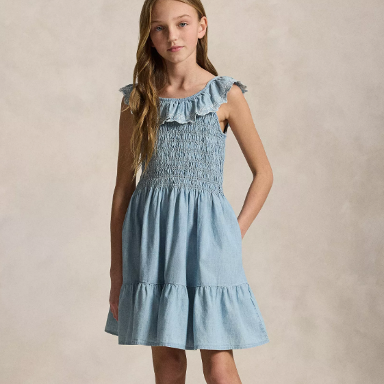 上新！Ralph Lauren 拉夫劳伦大童款蓝色牛仔布连衣裙