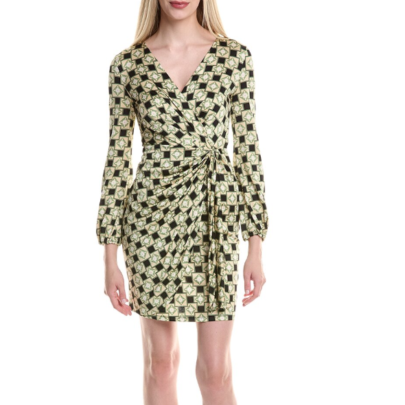 DVF V领印花长袖裹身连衣裙