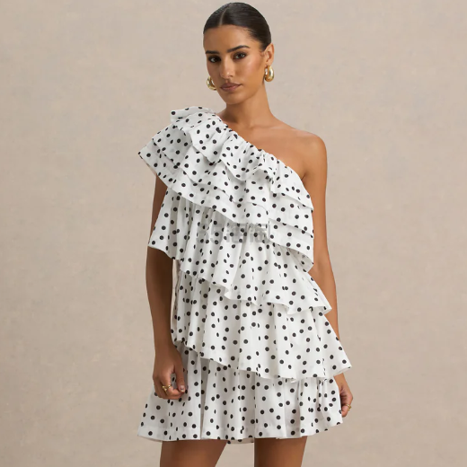 Club L London 波点不对称荷叶边连衣裙