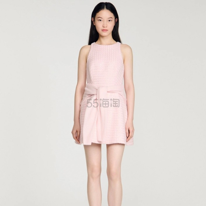 Sandro 亮片粗花呢粉色迷你连衣裙