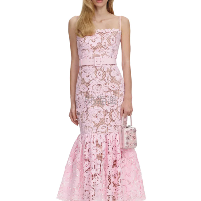 Self-portrait 粉色钩编蕾丝中长连衣裙