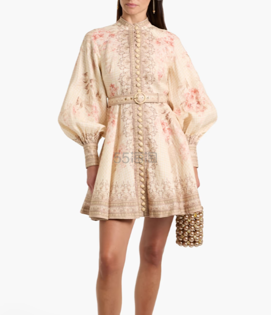 ZIMMERMANN 系带印花亚麻迷你连衣裙