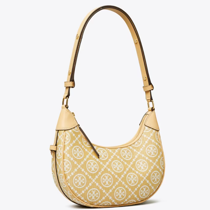 补货！Tory Burch 汤丽柏琦 Raffia 老花半月包