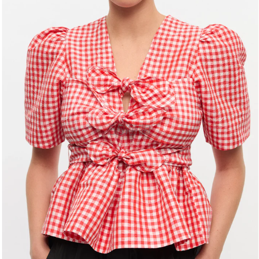 Ganni 泡泡袖格子上衣