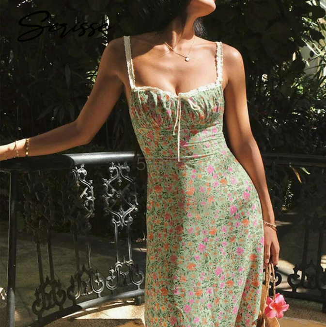 Serisse 碎花系带无袖中长连衣裙