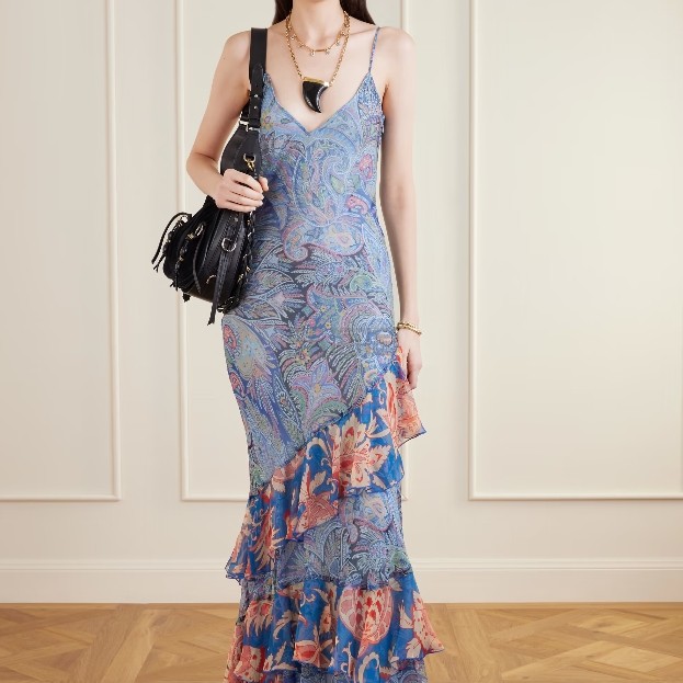 ETRO 荷叶边蓝色吊带连衣裙