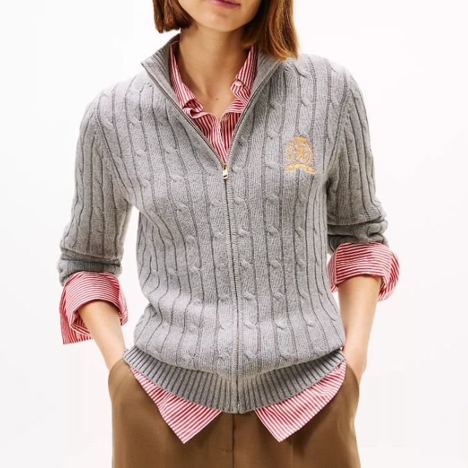 满享额外8折 TOMMY HILFIGER 纹章徽标绞花拉链开衫