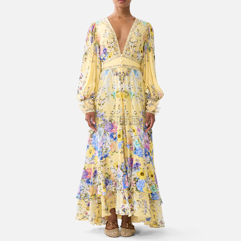 Camilla 黄色花卉深V连衣裙