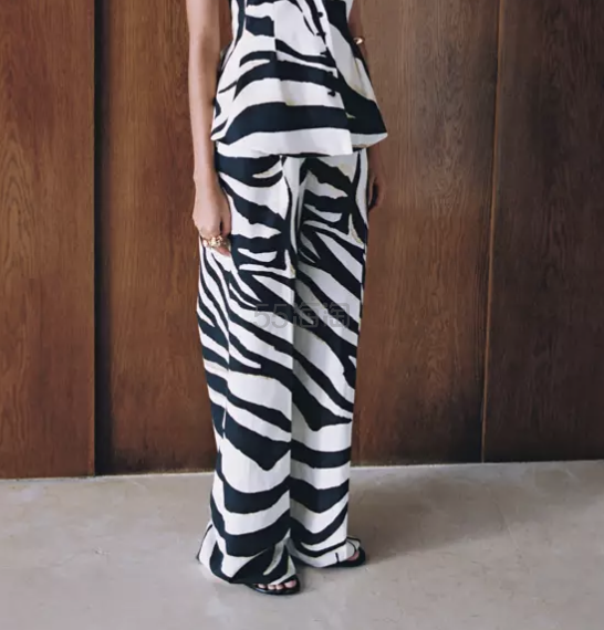 Mango 斑马纹亚麻阔腿裤