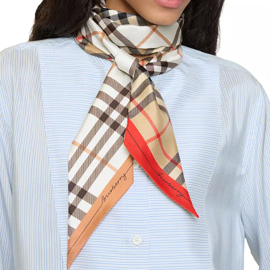 送$50礼卡！Burberry 巴宝莉窄版撞色格纹真丝围巾