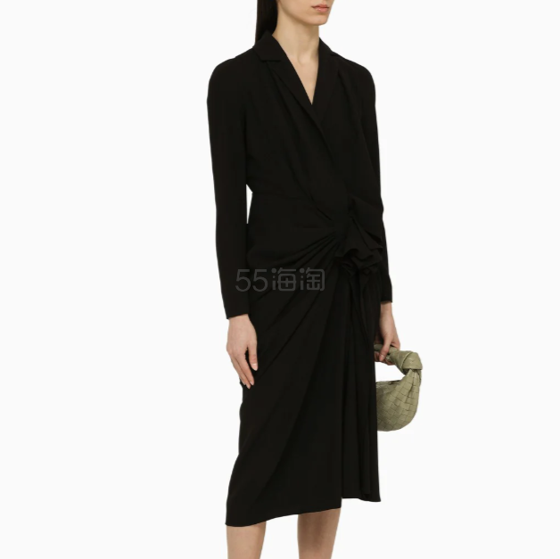 Dries Van Noten 黑色羊毛混纺垂褶连衣裙