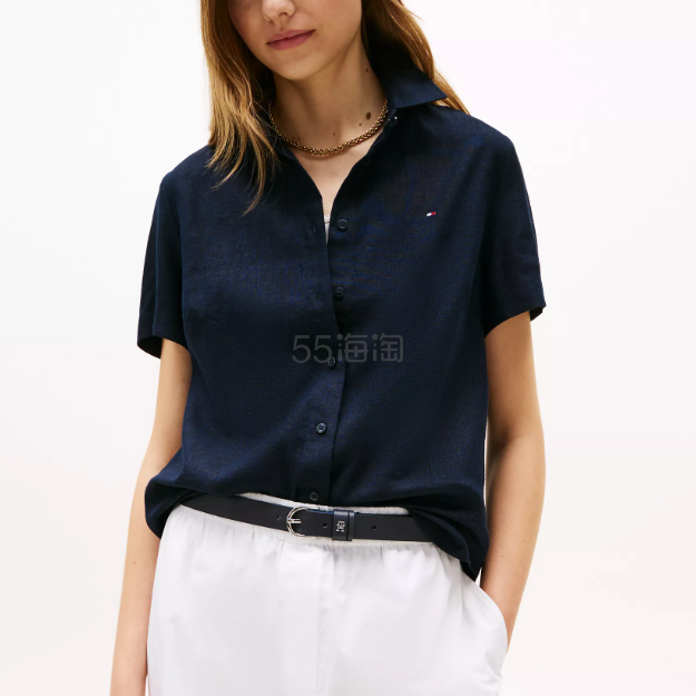TOMMY HILFIGER 徽标短袖亚麻混纺衬衫