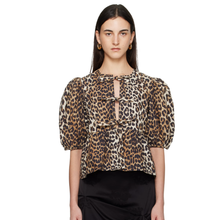 GANNI 黄褐色 Leopard Cotton Poplin Peplum Tie 上装