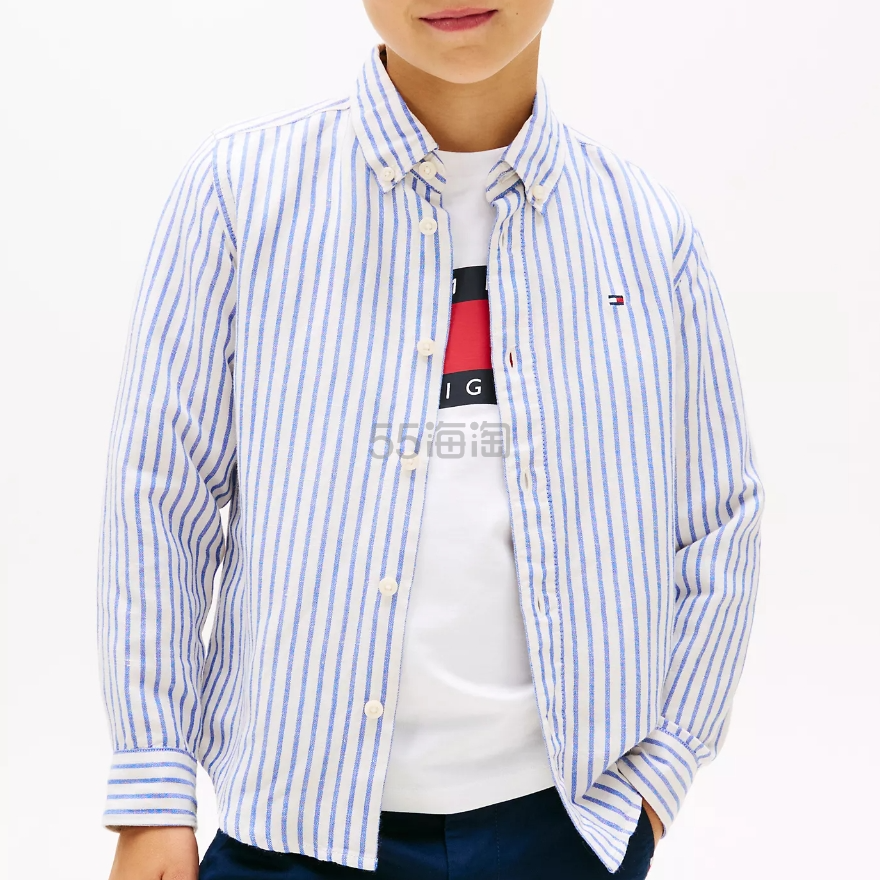 热卖!TOMMY HILFIGER 儿童条纹亚麻混纺衬衫