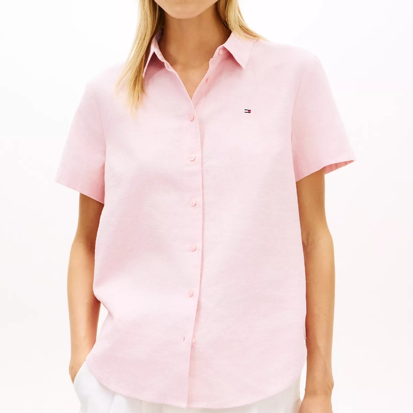 会员订单满$200享额外7.5折 TOMMY HILFIGER 粉色棉麻混纺短袖衬衫