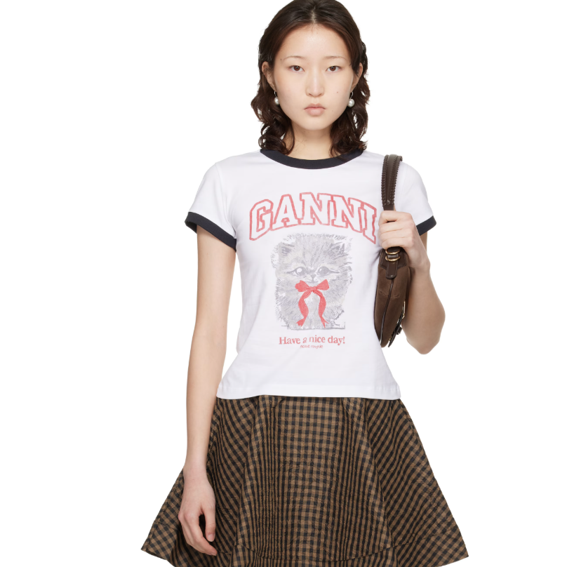 GANNI 白色 Cropped Kitty T 恤