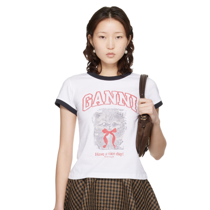 GANNI 白色 Cropped Kitty T 恤
