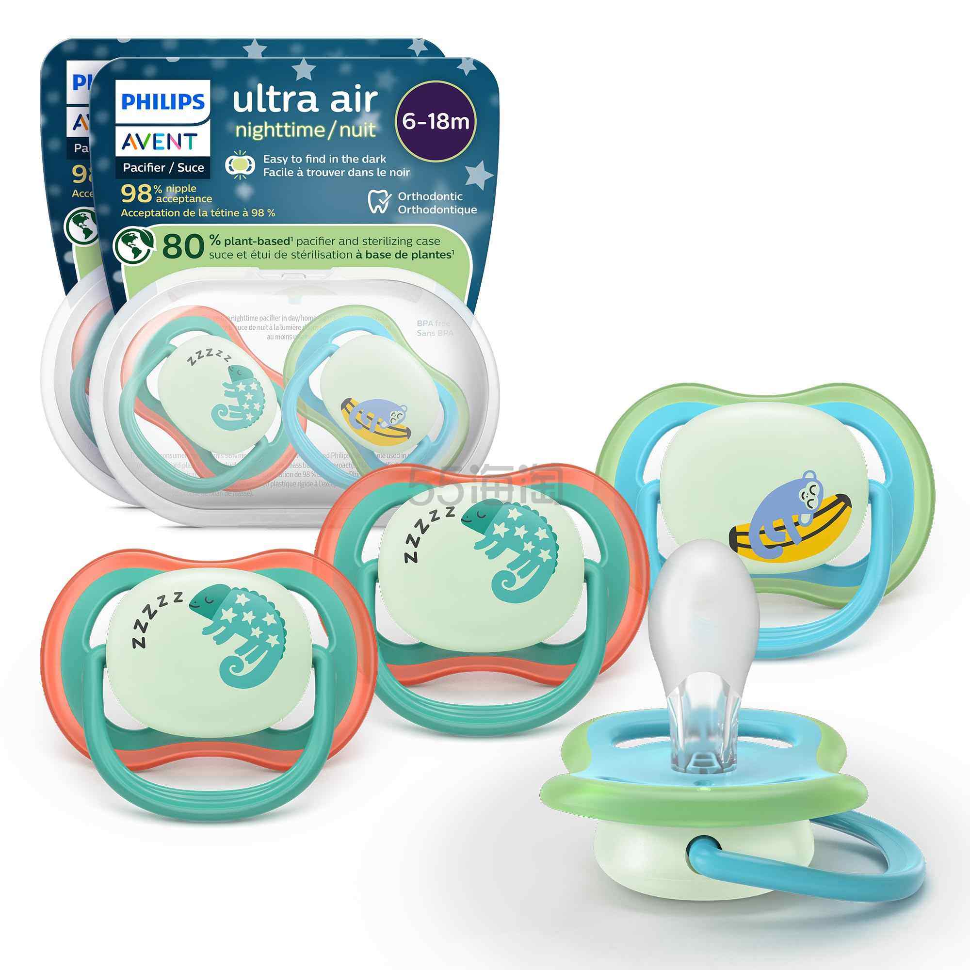 【含税直邮】Philips 飞利浦 Avent Ultra Air 夜间安抚奶嘴 适合 6-18个月的宝宝 4 个装,SCF376/36